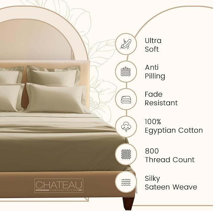100% Egyptian Cotton Bed Sheets, Certified 800 Thread Count Deep Pocket Full Sheets, Elasticated Sheet & Pillowcase Sets, Soft & Comfy Naturally Cool Luxury Bedding, Fits up to 17" - Linen