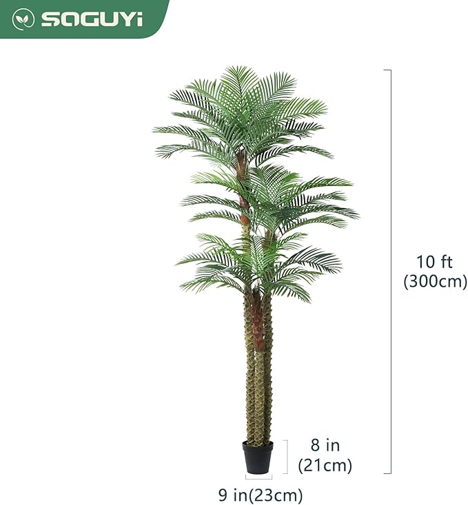 10ft Outdoor Artificial Palm Tree - UV Resistant Tall Fake Tropical Golden Cane Plant for Patio, Poolside, Lawn, Indoor Decor - Large Faux Palm Tree, Set of 1