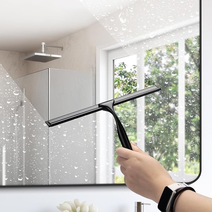 All-Purpose Shower Squeegee for Glass Doors Glass Squeegee for Bathroom Tile Shower Walls, Shower Doors, Window, Car Glass Cleaning Stainless Steel 10 inch Black