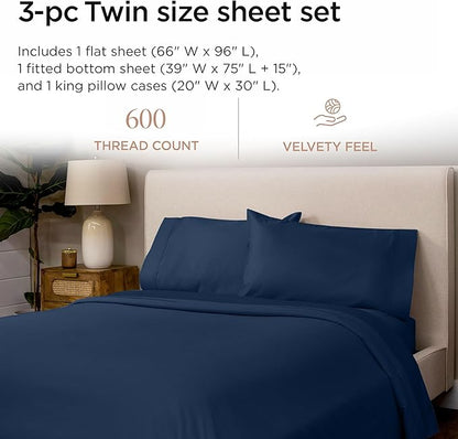 Threadmill 100% Cotton Sheets for Twin Size Bed - 600 Thread Count Twin Bed Sheets Set with 15” Deep Pocket - Sateen Weave 3-Piece Bedding Set with Cooling Effect, Folkstone Blue