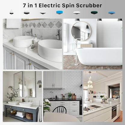 Electric Spin Scrubber, Hillyfe Bath Scrubber for Cleaning with 7 Replaceable Brush Heads, IPX7 Waterproof,300/400 RPM, 3 Adjustable Size,Cordless Shower Cleaner Brush for Bathroom Floor,Black