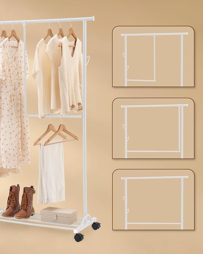 FAVOOSTY Clothing racks for hanging clothes with wheels, Adjustable Dismantle Double Rod, Heavy Duty Clothes Organizer Hanging, Pants Scarves Dress Suits, Multi-functional, Bedroom Studio White