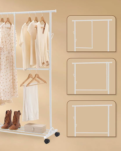 FAVOOSTY Clothing racks for hanging clothes with wheels, Adjustable Dismantle Double Rod, Heavy Duty Clothes Organizer Hanging, Pants Scarves Dress Suits, Multi-functional, Bedroom Studio White