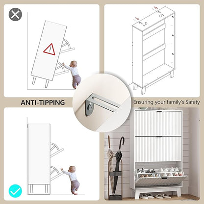Shoe Cabinet Storage for Entryway with 3 Flip Drawers, Fluted Narrow Shoe Organizer with Wooden Legs, Freestanding Slim Shoe Storage Hidden Shoe Rack Organizer for Front Door Entrance, Hallway, White
