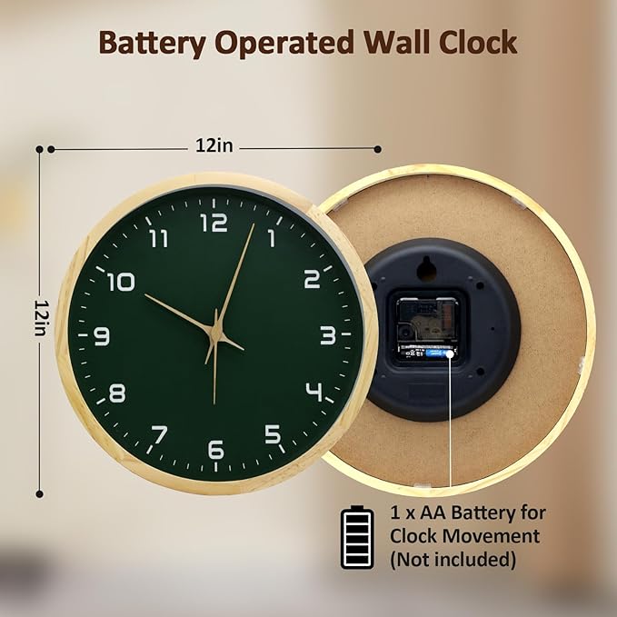 MEIRED Wooden Wall Clock 12 Inch Silent Non Ticking Wall Clocks Battery Operated Wood Analog Retro Round Clock Decorative for Kitchen,Home,Living Room,Classroom, Log Green