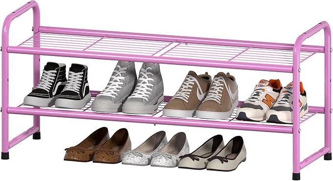 SUFAUY 33" Wide Shoe Rack for Closet, 2 Tier Metal Shoe Organizer Heavy Duty, Stackable, Pink