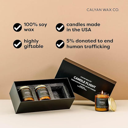 Calyan Wax Co. Masculine Scented Candle Gift Set - 3 Scented Candles - 57 Hour Burn - Luxury Non Toxic Soy Wax Candles - Long Lasting Amber Glass Jar Candle for Home - 7.2oz