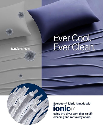 REST® Evercool®+ Cooling Sheet Set, Full Size, Midnight Blue, Breathable Bed Sheets for Hot Sleeper and Night Sweats, with Pillowcases, with Ionic+ Self-Cleaning Silver Yarn for Sensitive Skin, 4PCS
