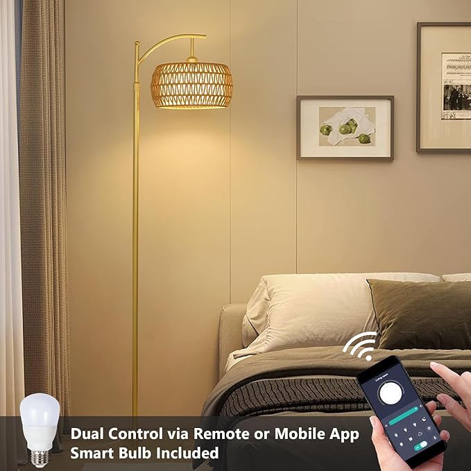 Arc Floor Lamp with 3 Color Temperatures, LED Gold Floor Lamp with Remote & Stepless Dimmable Bulb, Boho Standing Lamp with Rattan & Fabric Shades, Farmhouse Tall Lamp for Living Room Bedroom