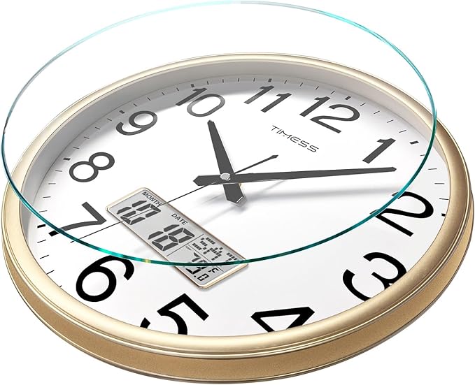 Wall Clock, 13 Inch Non-Ticking Silent Battery Operated Quartz Analog with LCD Display for Perpetual Calendar and F° Temperature, Ideal Modern Home, Bedroom, Kitchen, Office Decor (Gold)