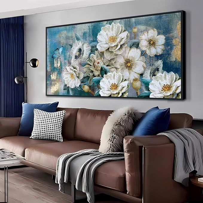 Arjun Large Black Framed Flower Canvas Wall Art for Living Room White Modern Painting for Bedroom Textured Gold Foil Turquoise Picture Floral Teal Artwork Bathroom Home Office Decor, 40"x20"