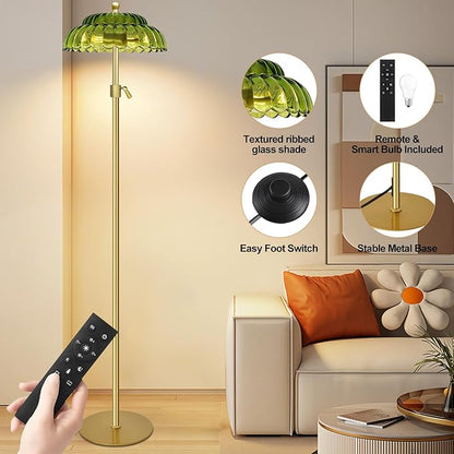 Vintage Floor Lamp with Remote Control, Gold Floor Lamp with 3 Color Temperature,Mid Century Modern Standing Lamp with Glass Lamp Shape,Brass Flower Lamp Tall Glass Floor Lamps for Living Room Bedroom