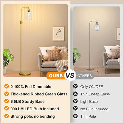 【Upgraded】 Dimmable Glass Floor Lamp for Living Room, Modern Gold Standing Lamp with Clear Ribbed Glass Lampshade & Knob Dimmer, Arc Tall Lamp for Bedroom Office Reading Room, 2700K Led Bulb Included