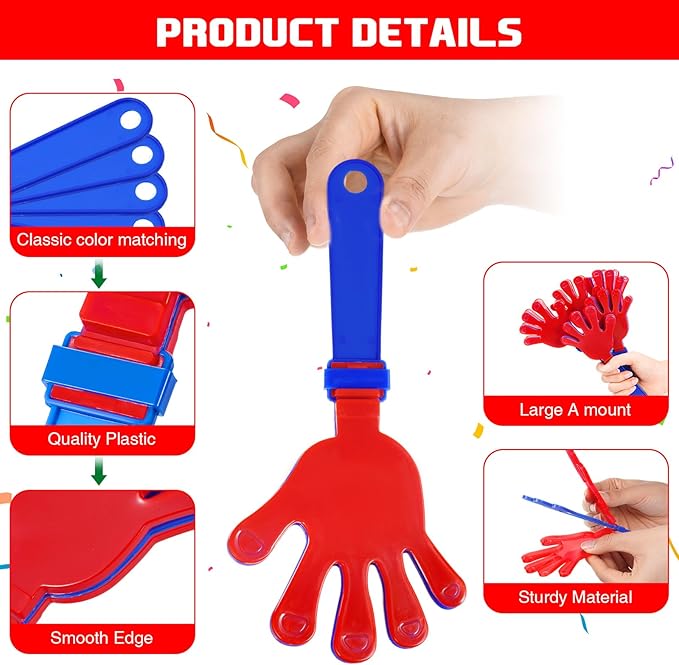 Junkin 48 Pcs Hand Clappers Bulk 7. 5 x 3. 5 Inches Noise Makers Party Favors Clapping Noise Maker Clacker for Birthdays Game Prizes Rewards Football Sporting Events Cheers Supplies (Red Blue)