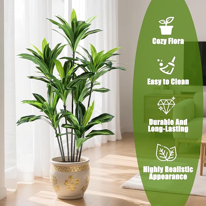 Dracaena Artificial Plant Indoor 5FT - Large Tropical Fake Tree with Lifelike Leaves - Tall Faux Floor Plant in Pot - Artificial Dracaena Tree Indoor for Home Office Living Room Decor