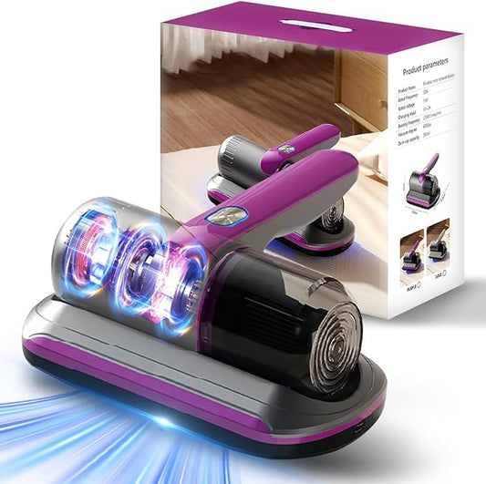 Mattress Vacuum Cleaner, Wireless Handheld Bed Vacuum Cleaner with UV-C Light, HEPA Filter and Ultrasonic Vibration, 12KPa, Suitable for Beds, Sofas, Car Seats, Carpets (Purple;)