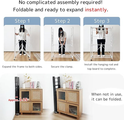 lumizone Folding Clothing Rack with Wheels Expandable Wardrobe Portable Clothes Rack for Hanging Clothes Adjustable Closet Shelves Garment Rack Durable Closet Racks for Hanging Clothes (Pro Black)