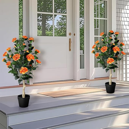 3FT Artificial Camellia Tree, 2 Pack Fake Camellia Tree Artificial Tree, Faux Floral Plants in Cement Pot, Greenery Potted Plant for Indoor Outdoor Home Office Porch Decor (Orange)