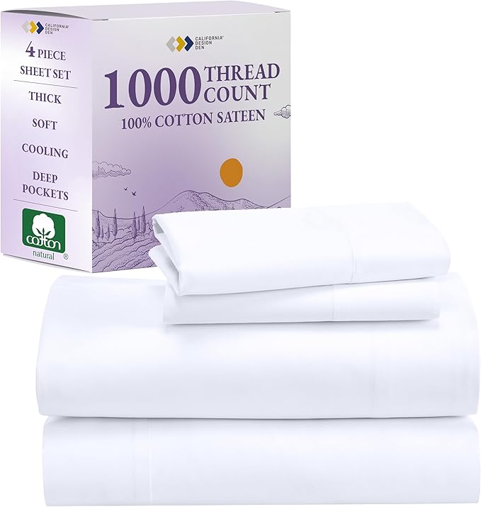California Design Den King Size Sheets Set - Luxury 1000 Thread Count Sateen, Thick and Natural 100% Cotton Bed Sheets, Deep Pockets, Soft, Breathable and Durable Bedding Set - White