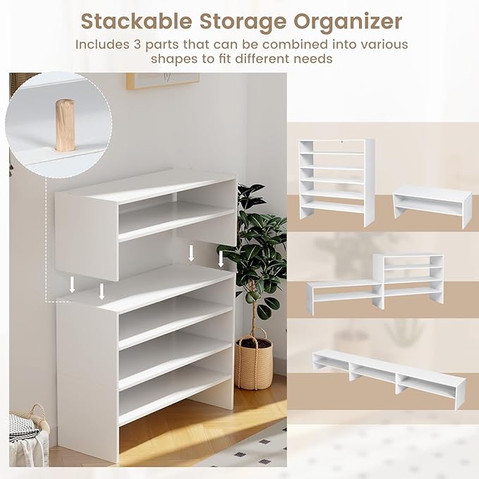 COSTWAY White Shoe Rack, 6-Tier Stackable Shoe Shelf for Closet, 31" Freestanding Extra Wide Storage Shoe Stand for Small Space Entryway Hallway Closet (2, White)