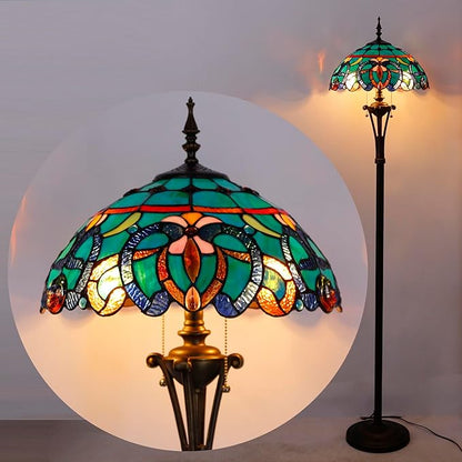 Tiffany Floor Lamp Blue Green Stained Glass Jewelry Baroque Standing Reading Light 16X16X70 Inches Antique Pole Corner Lamp Decor Bedroom Office Living Room