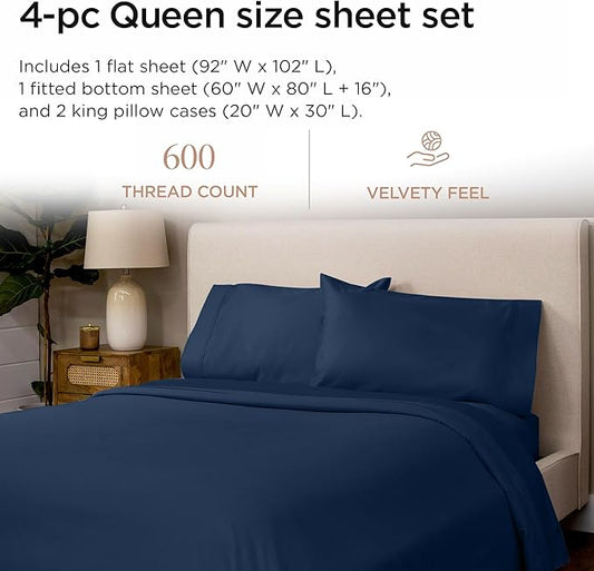 Threadmill 100% Cotton Sheets for Queen Size Bed - 600 Thread Count Queen Bed Sheets Set with 16” Deep Pocket - Sateen Weave 4-Piece Bedding Set with Cooling Effect, Folkstone Blue