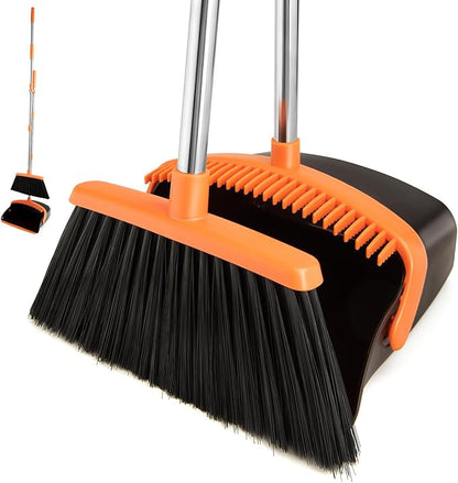 Broom and Dustpan Set,Dustpans with Broom Combo for Home,Heavy Dust Broom and Dustpan Combo,Long Handle Dust Pan and Broom Set for Kitchen Office,Pet Hair(Brown Orange)