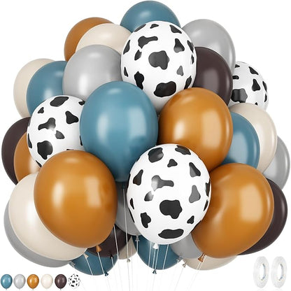 Cowboy Western Party Balloons 12 Inches 50pcs Cow Print Balloons, Coffee Brown Blue Cow Balloons for Cowboys Cowgirls Rodeo Party Birthday Baby Shower Western Farm Animals Cow Themed Party Decor