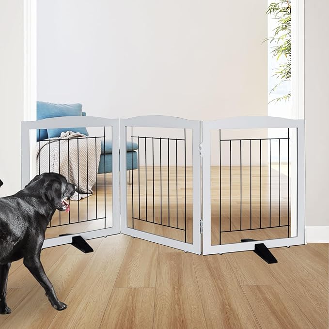 ZJSF Freestanding Dog Fence Indoor, Foldable Dog Gate for Doorways, Stairs or Hallways, Sturdy Wood Extra Wide Pet Gate with Support Feet for The House, Grey, 24 "Height-3 Panels
