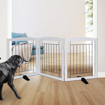 ZJSF Freestanding Dog Fence Indoor, Foldable Dog Gate for Doorways, Stairs or Hallways, Sturdy Wood Extra Wide Pet Gate with Support Feet for The House, Grey, 24 "Height-3 Panels