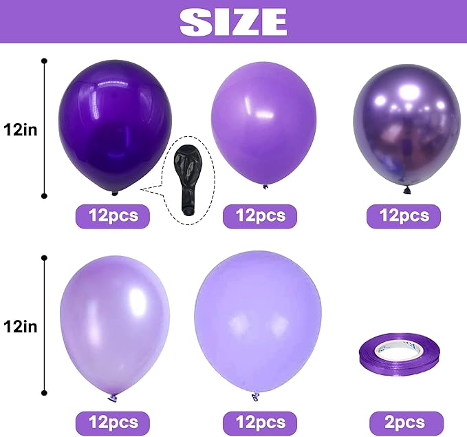 Purple Balloons, 60 Packs 12 Inch Metallic Chrome Purple Pearl Macaron Light Lavender Different Shades Balloons for Girl Birthday, Wedding, Anniversary, Baby Shower, Princess Decoration
