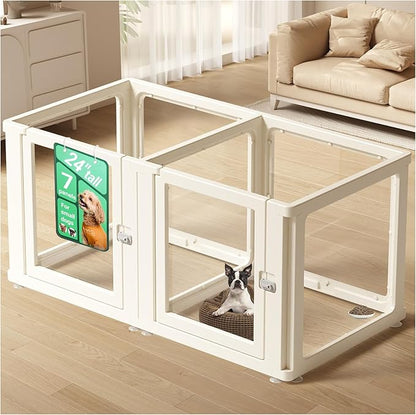 Transparent 7-Panel Dog Playpen, Acrylic Indoor/Outdoor Puppy Pen for Small & Medium Dogs, 24 Inch with Door, White(Fully Transparent 50 * 26 Two Rooms,24 inch)