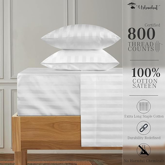 URBANHUT 800 Thread Count Egyptian Cotton Damask Striped King Size Sheets Set (4 Pc) - Ultra Soft & Smooth, Sateen Weave King Sheet, Luxury Hotel Sheets with 16" Deep Pocket - White