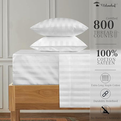 URBANHUT 800 Thread Count Egyptian Cotton Damask Striped King Size Sheets Set (4 Pc) - Ultra Soft & Smooth, Sateen Weave King Sheet, Luxury Hotel Sheets with 16" Deep Pocket - White