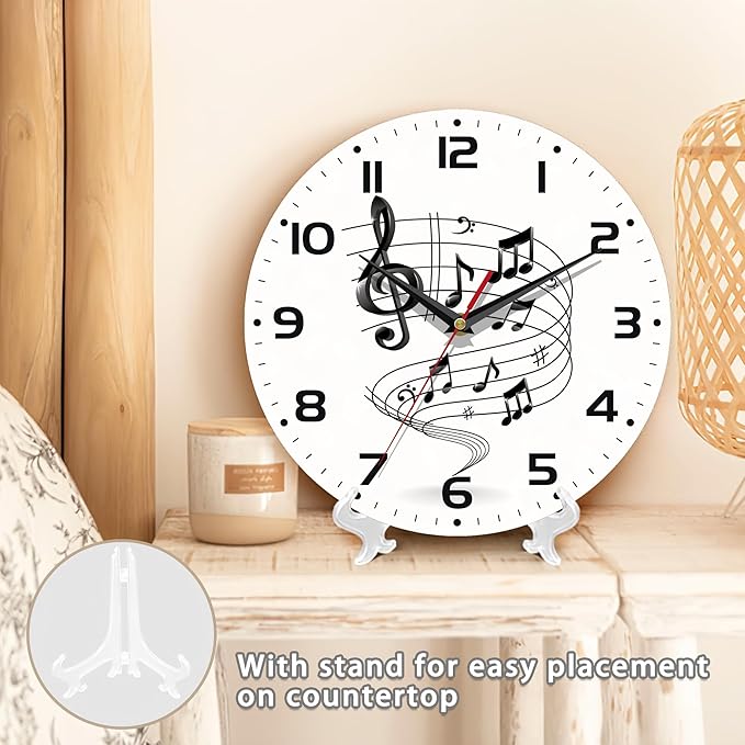 Music Notes Wall Clocks Wooden Wall Clock Art Hanging Clocks Silent Non-Ticking Wall Clock Battery Operated Round Home Arabic Numeral Decorative Wall Clocks 10 Inch
