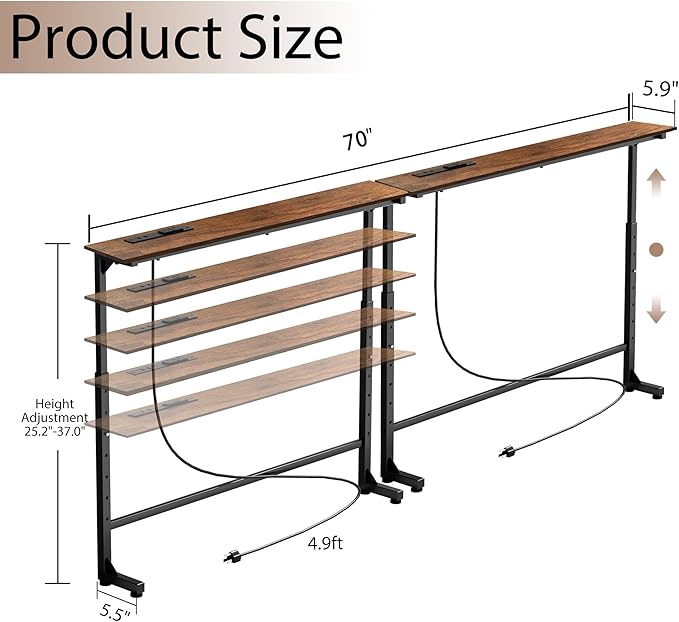 70 inch Narrow Console Table with Outlet,Adjustable Height(25"-37") Behind Sofa Table,Couch Behind Table Skinny,Couch Shelf with Charging Station,Long Entryway Tables for Living Room,Brown