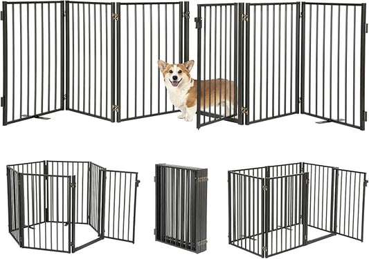 Metal Freestanding Dog Gates with Door for Outdoor Indoor,120'' Extra Wide 24'' Tall Free Standing Dog Gate for Doorways,Large Openings,Deck,Yard,Porch,Foldable Safety Pet Fence(Black,6 Panels)