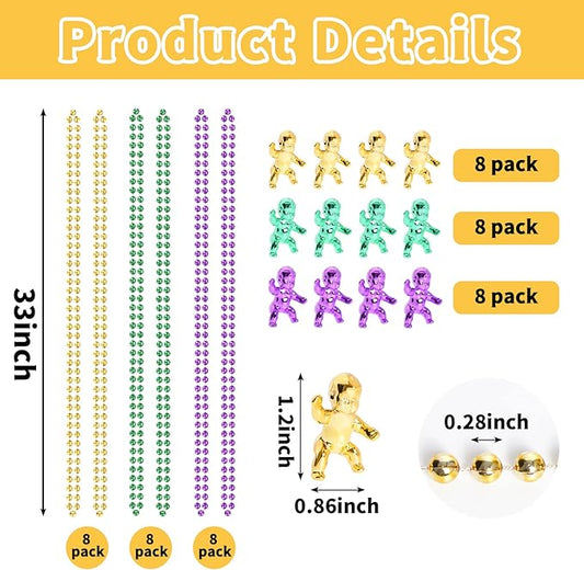 YAXINRUI Mardi Gras Beads Necklaces and King Cake Babies, Multi Colors 24Pcs Party Beads Necklaces + 24Pcs Mini Plastic Babies Mardi Gras Accessories for Mardi Gras Party, Party Favors