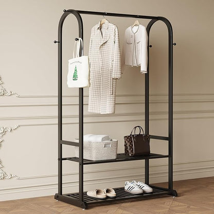 Black Clothing Rack,Heavy duty clothes rack with 2-tier Bottom Shelves, Garment Rack with 6 Side Hooks for Hanging Clothes, Coats, Shirts (black, 39.37in)