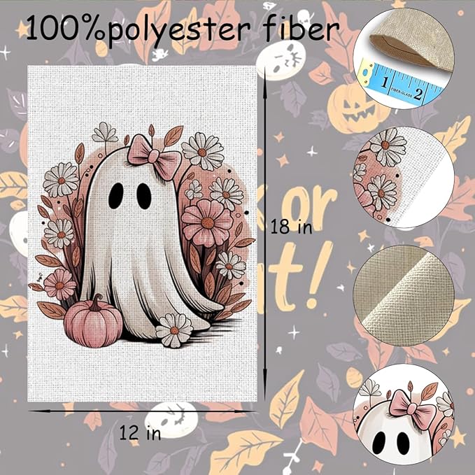 Fokongna Pink Halloween Decor Garden Flag, Pink Halloween Ghost Decor, 12x18 Inch Burlap Vertical Double Sided Flags, for Home Yard Outside Decorations