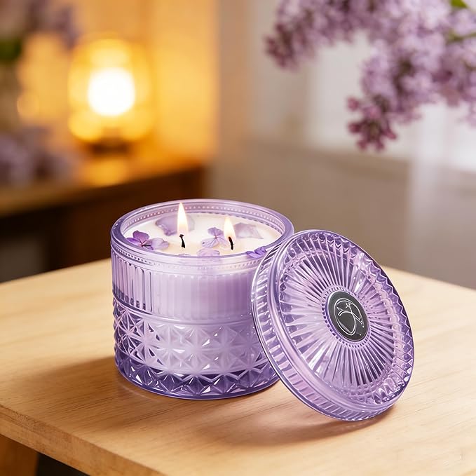 Chloefu LAN Purple Crystal Candles Lilac & Violet Candle for Home Scented, Non-Toxic, Unique Meditation Spiritual Gifts, 14 oz, Valentines Day Gifts for Her Mom Friends Wife Sister Stocking Stuffers