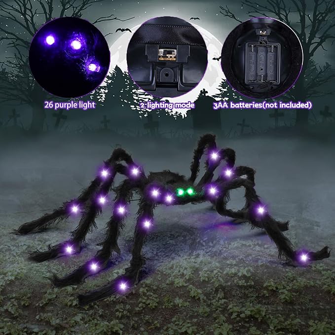 Halloween Spider Decorations 4ft Light Up Giant Spider(2 Pack) with Green Lighted Eyes for Indoor Outdoor Halloween Decorations Yard Party House Décor