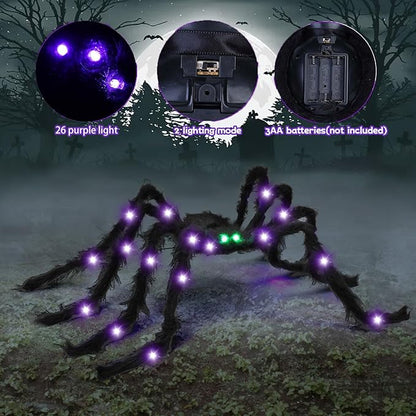 Halloween Spider Decorations 4ft Light Up Giant Spider(2 Pack) with Green Lighted Eyes for Indoor Outdoor Halloween Decorations Yard Party House Décor