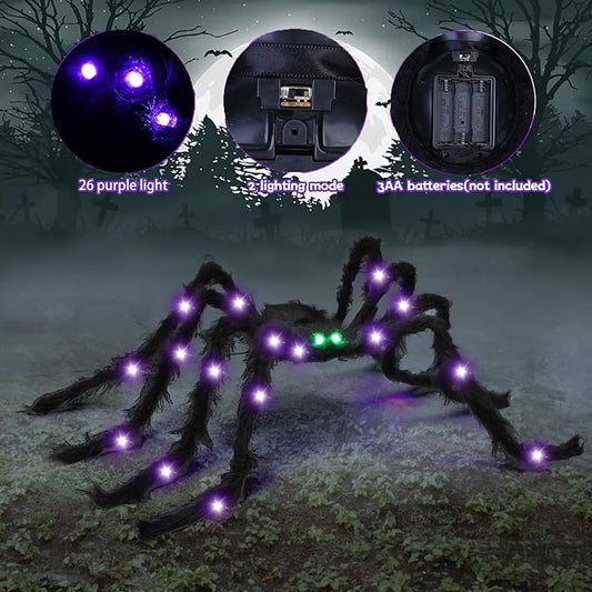 Halloween Spider Decorations 4ft Light Up Giant Spider(2 Pack) with Green Lighted Eyes for Indoor Outdoor Halloween Decorations Yard Party House Décor