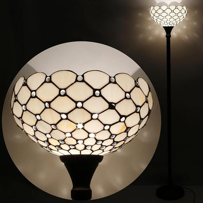 WERFACTORY Tiffany Floor Lamp Cream Amber Stained Glass Bead Light 12X12X71 Inches Pole Torchiere Standing Corner Torch Uplight Decor Bedroom Living Room Home Office (LED Bulb Included) S005 Series
