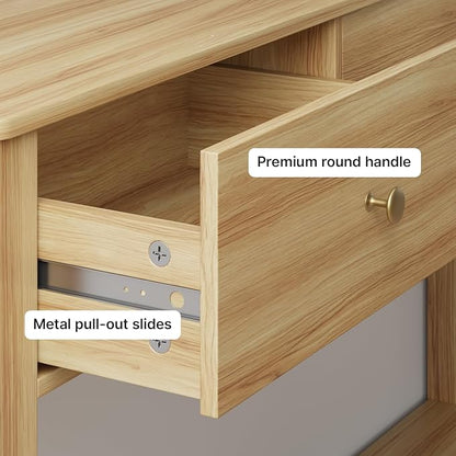 Gizoon 3 Drawer Sofa Table with, Modern Accent Console Table with Open Shelf, for Living Room, Front Hall, Entrance Hall, Study Room, Oak Color