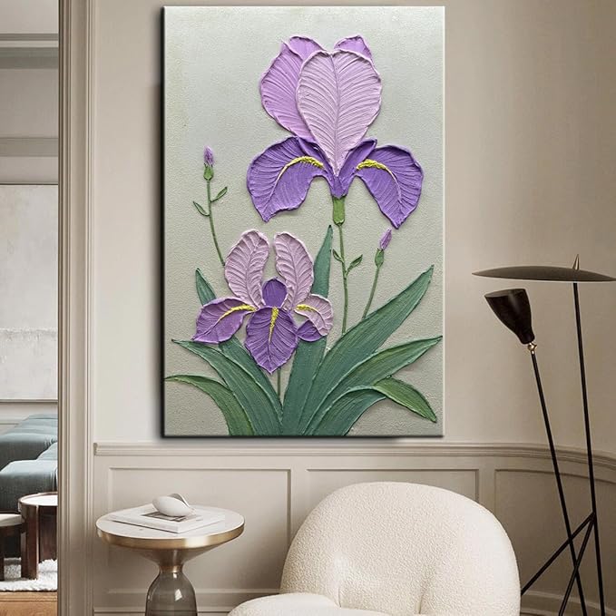 Purple Iris Flowers Textured Wall Art, Original Acrylic Painting, Floral Home Decor