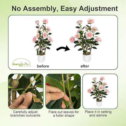 2 Pack Artificial Camellia Tree with White Pot, 24" Faux Potted Plants for Indoor Outdoor Decor, Tall Silk Greenery Plant for Home Office Living Room Balcony, Pink