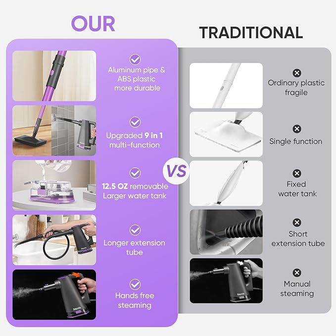 Steam Mop Cleaner for Hardwood Floor Cleaning, Hands-free Steamer Cleaner Handheld with 9-in-1 Multi-purpose Attachments for Bathroom, Windows, Sofas, Clothes, Tiles Grout (Purple-Grey)