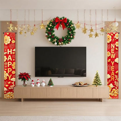 Nuxovilar Happy New Year Banner, 70.86" x 11.81" Red Gold Pattern Hanging Decorations for Outdoor Indoor Home Wall